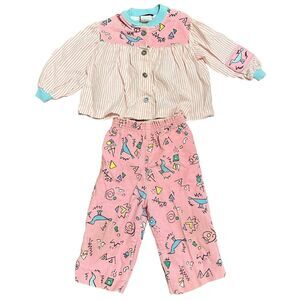 Vintage Handstands Pink & Blue Geometric Bird 2‑Piece Baby Girl’s Set Size 12 M